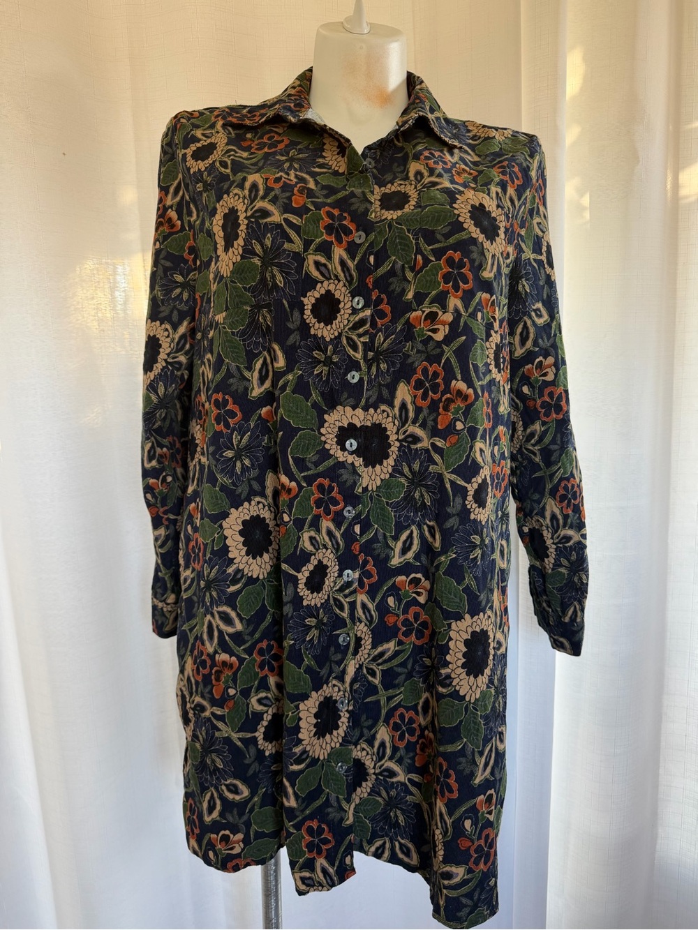 Natural Life Floral Corduroy Button Front Tunic Shirt Dress XL NWT